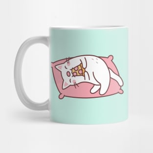 Cute White Cat Eating Pizza On Pillow Mug